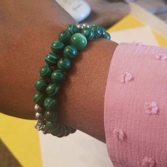 Mens 2 Pc. Green Malachite & Silverplated Expansion Bracelets Custom Made 8" - Picture 10 of 15